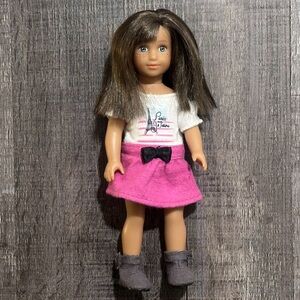 Brunette Mini American Girl Doll with Paris J’Taime Dress & Gray Booties